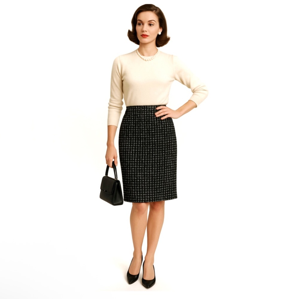 Vintage-Inspired Ann Taylor Classic Black Tweed Skirt Wool Blend Size 4 Small